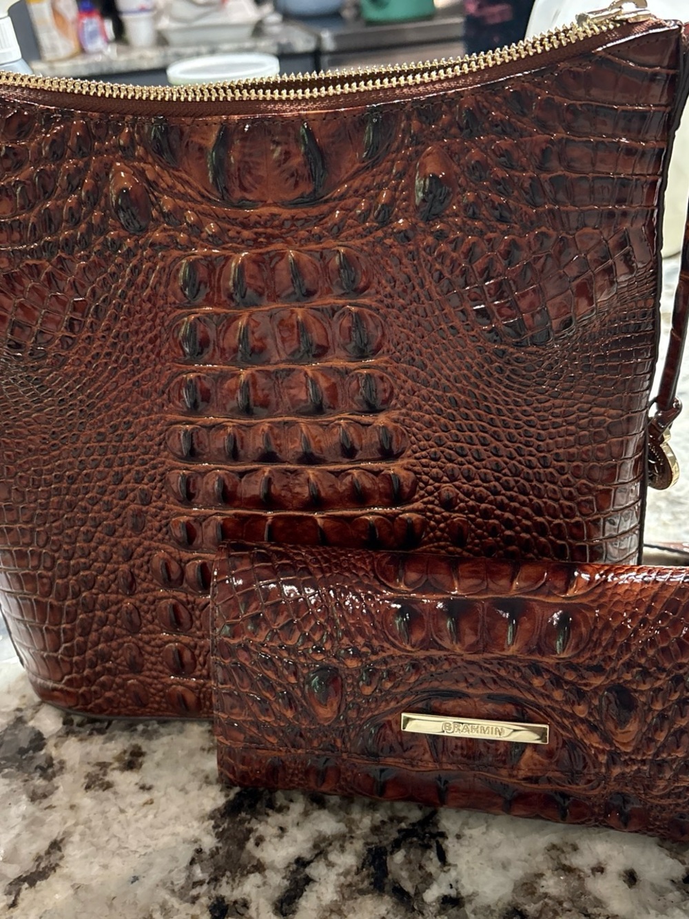 Brown Brahmin Croc-Embossed Women's Shoulder Bag with Matching Wallet